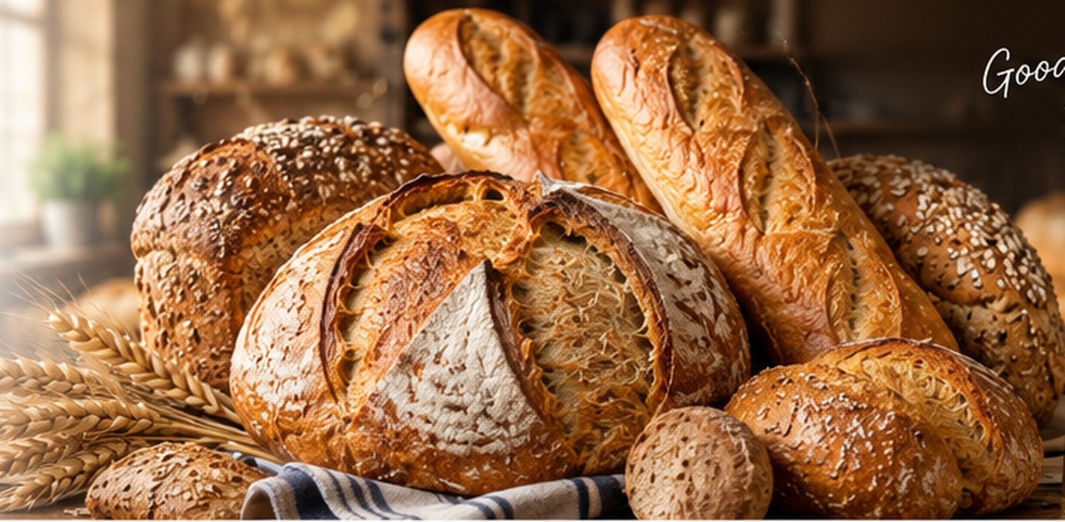Fresh artisan bread loaves in a bakery setting